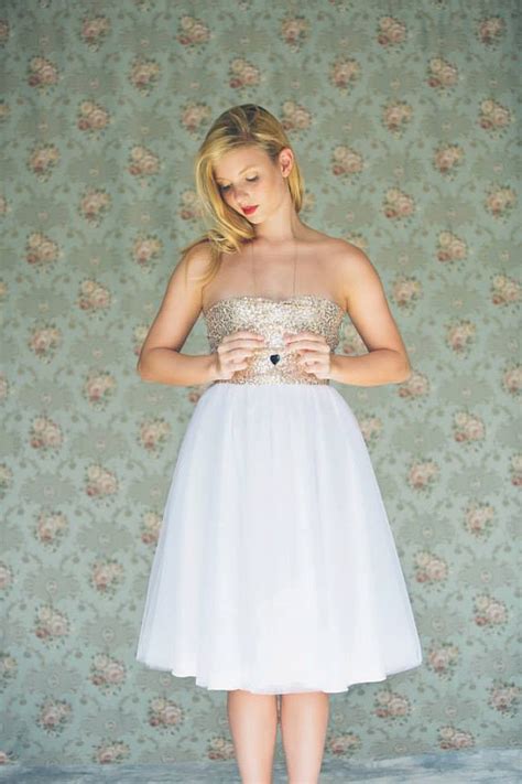 However, they provide a much fresher vibe. Gold Sequinned Short Wedding Dress, Knee Length White ...