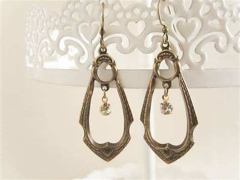Brass Art Nouveau Dangle Hoop Rhinestone Earrings Antique Brass Boho