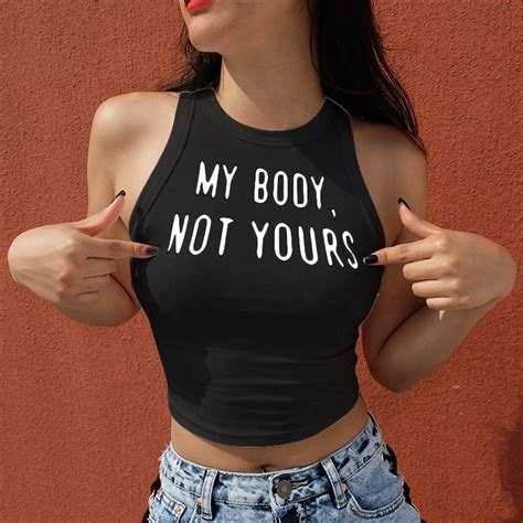 White Word My Body Not Yours Halter Basic Sleeveless Tight Crop Tank