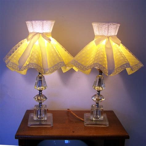 50s Pair Glass Table Lamps Yellow Lace Shades Girls Bedroom