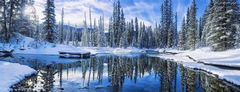 Landscape Forest White Water Nature Reflection Snow Winter Blue