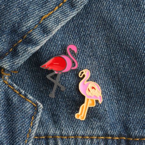 2 Pcsset Red Pink Flamingo Button Brooch Pins Denim Jacket Clothing