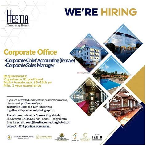 Selain itu kami menyediakan informasi job fair terbaru tahun 2021 di jakarta, bandung jawa barat, bogor, karawang, banten, yogyakarta/jogja. Lowongan Kerja Hestia Hotel Group Yogyakarta - INFO LOKER SOLO