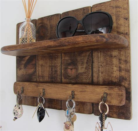 Rustic Reclaimed Wood 4 Hook Key Holder With Shelf 7 Colour Etsy