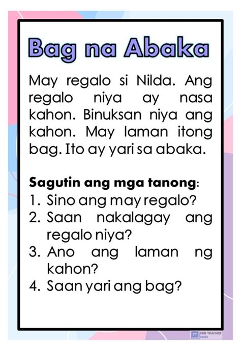 Filipino Reading Passages With Comprehension Questions Set 1 Fun