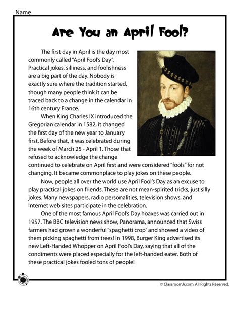 The History Of April Fools Day Printable Reading Assignment Woo Jr