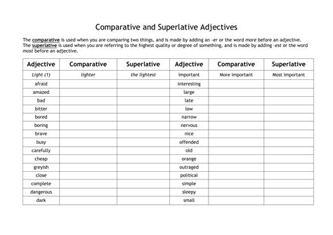 Comparative Superlative Worksheet