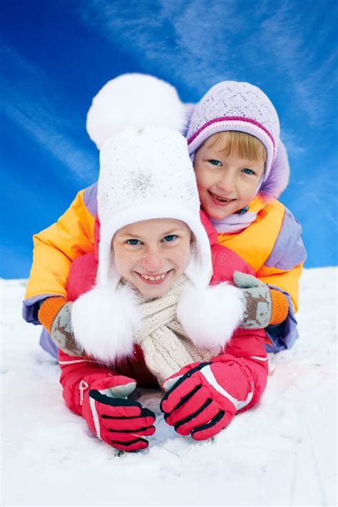 Children Ride From The Snow Slide Winter Fun Stock Photo Image Of
