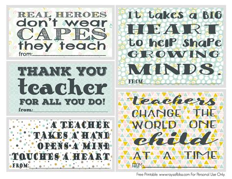 Teacher Appreciation Notes Free Printable Set Of 5 Rays Of Bliss