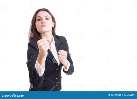 Young Business Woman Acting Aggressive Showing Fists Stock Photo