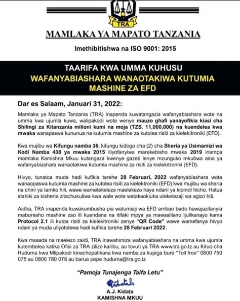A Public Notice By Tanzania Revenue Authority Tra On The Requirement