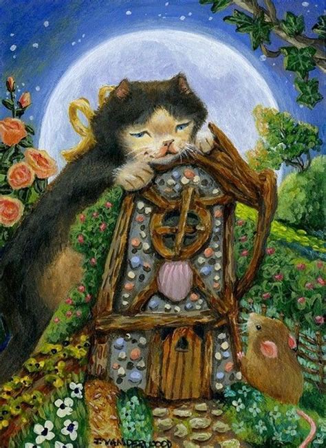 Cat Kitten Mouse Moonlight House Flowers Landscape Aceo Original Art