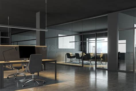 Dark Gray Office Workplace With Meeting Room Stock Illustration