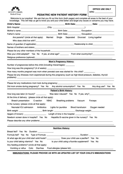 Fillable Pediatric New Patient History Form Printable Pdf Download