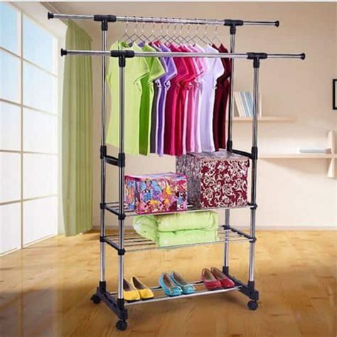 Dual Bar Stretching Stand Clothes Rack With Shoe Shelf Bed Bath