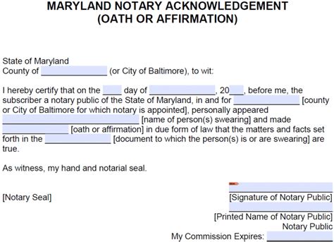 Free Maryland Notarial Certificate Oath Or Affirmation Pdf Word