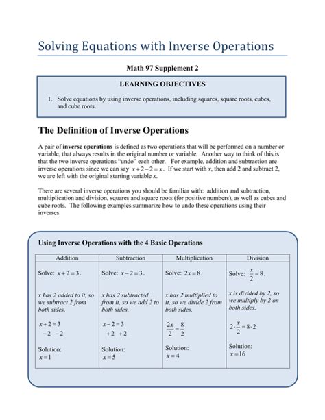 Supplement 2 Solving Equations With Inverse Operations