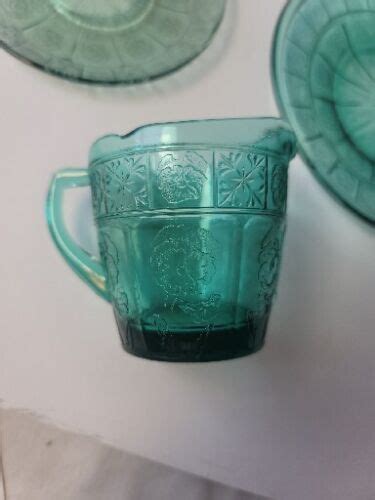 Jeannette Depression Glass Pretty Polly Doric And Pansy Cup And Saucer Set Teal Ebay
