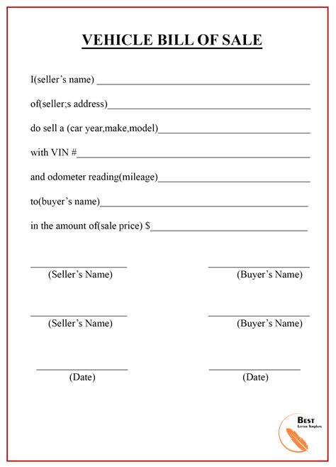 Vehicle Bill Of Sale Template Word
