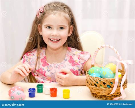 Cute Little Girl Painting Colorful Easter Eggs Stock Image Image Of