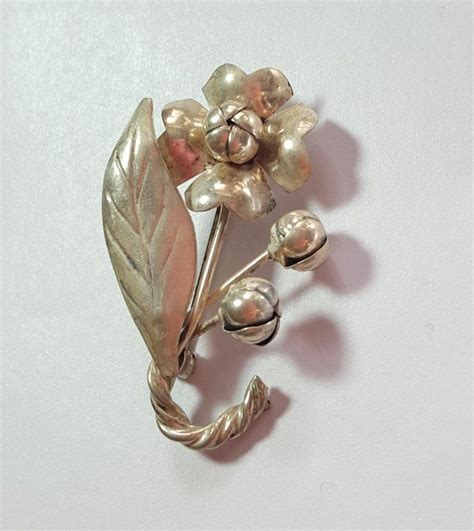 Sterling Silver Brooch Pin Handmade Flower 1940s Vintage Jewelry