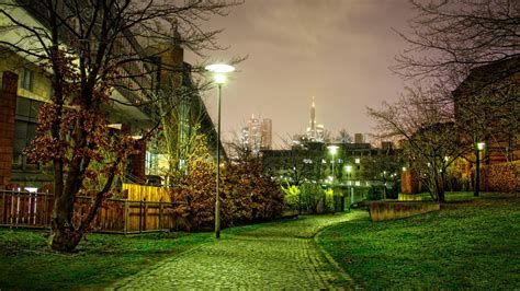 Landscape View Of City And Walkway Between Houses With Lights Hd Nature