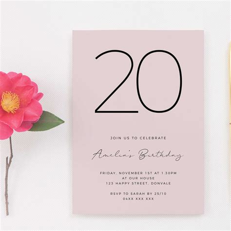 Blush Pink Printable 20th Birthday Invitation Instant Etsy