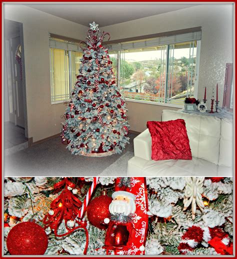 Real Flocked Tree With Red White And Silver Ornaments My First