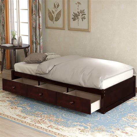 Lowestbest Solid Wood Twin Size Bed With Storage Platform Bed With 3