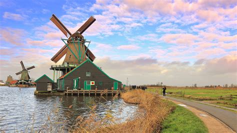 Wallpaper The Netherlands Windmill River Sky Clouds 1920x1080 Full