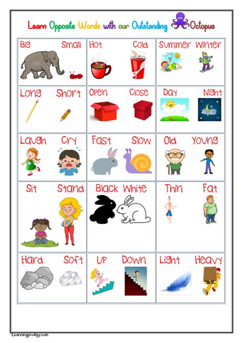 Each flash card contains 9 full color illustrations and their corresponding words. English Opposites Words Chart | LearningProdigy | Charts