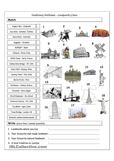 Vocabulary Matching Worksheet Landmarks And Icons Teaching Geography