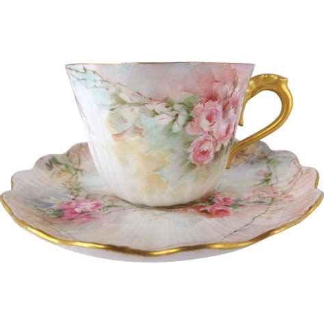 Antique Limoges Cup Saucer Hand Painted Coral Pink Tea Roses Teapots