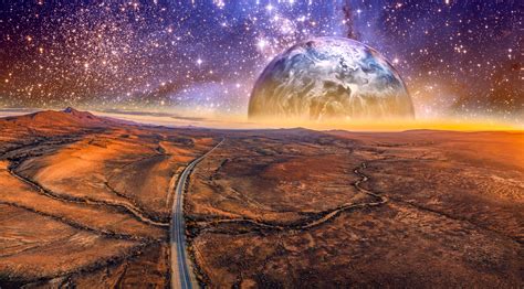 Alien Planet Rising Over Desert Landscape With Vivid Starry Sky And