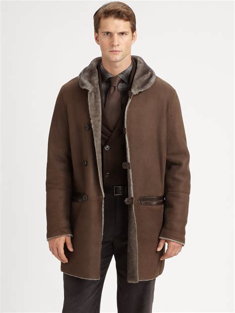 Lyst Armani Long Shearling Coat In Brown For Men