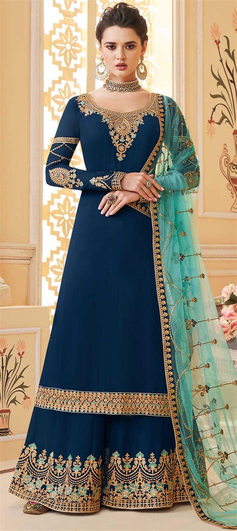 Mehendi Sangeet Reception Wedding Blue Color Georgette Fabric Salwar Kameez 1617468