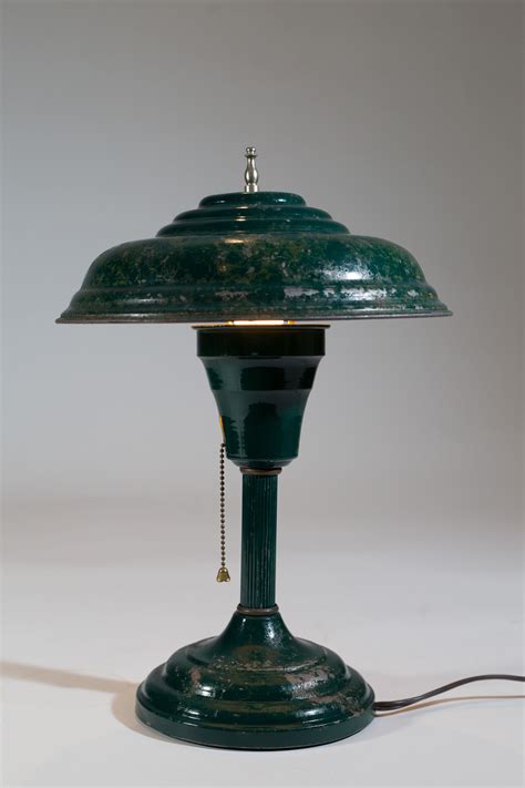 Vintage Desk Lamp Green Rustic Metal Round Atomic Space Age Saucer