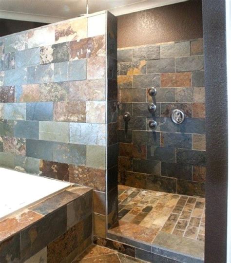 Half glass shower walls this small walk in shower no door look spacious with half glass shower wall and glass tile shower floor. Small walk in shower no door with natural slate tile