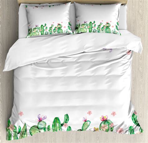 Cactus Duvet Cover Set Mexico Style Romantic Tender Blossoms And Barren Heath Natural