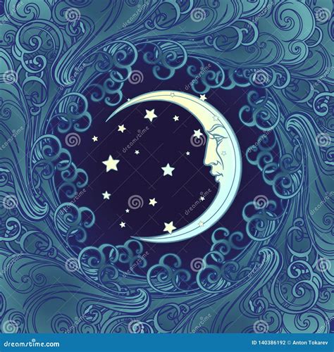 Decorative Composition With Stylized Human Faced Moon And Stars Stock