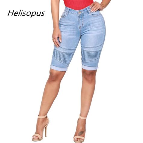 Helisopus 2019 New Summer Womens High Waist Jeans Shorts Bodycon Knee