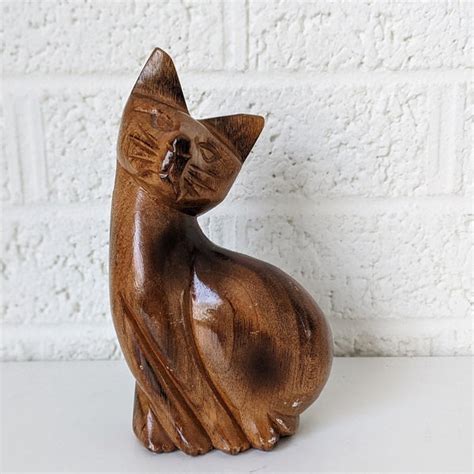 Wooden Cat Figurine Etsy