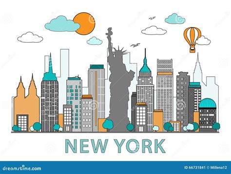 Thin Line Flat Design Of New York City Modern New York Skyline With