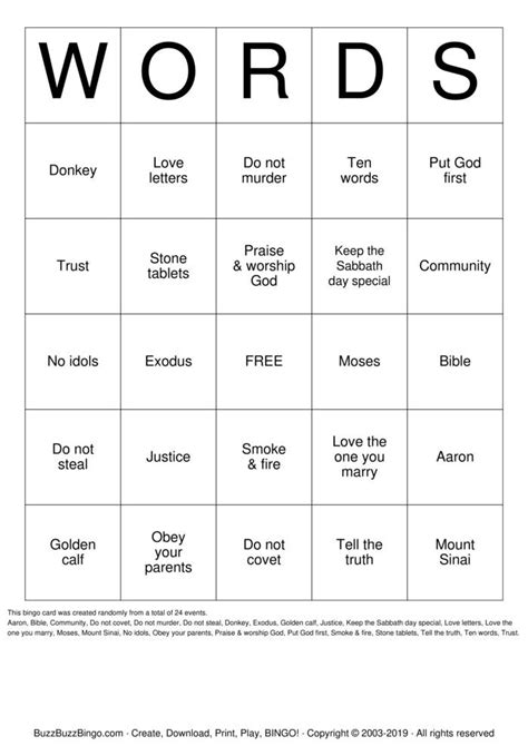 The 10 Words Bingo Cards To Download Print And Customize
