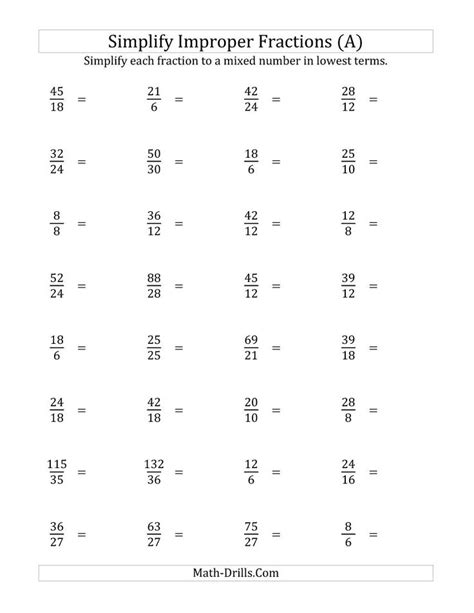 Simplify Improper Fractions To Lowest Terms Easier Version A