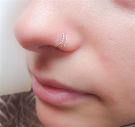 Double Hoop Nose Ring Single Pierced Diamond Cut Silver Nose Etsy