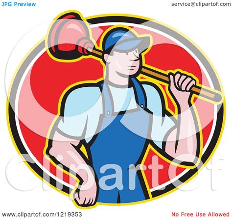 Clipart Of A Cartoon Plumber Man Carrying A Plunger Over His Shoulder