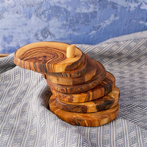 Olive Wood Coaster Set With Pin Forest Decor