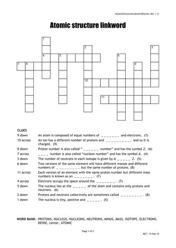 Atomic Structure Crossword Quick Starter Activity Teaching Resources