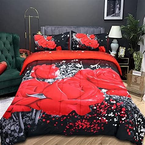 ZHH Red Rose Comforter Set Queen Size Romantic 3D Rose Flower Soft